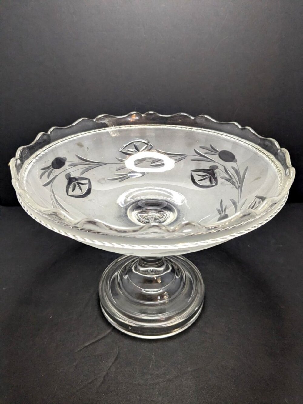 Antique EAPG Glass Pedestal Compote Stylized Floral Design Scalloped Edge SEE